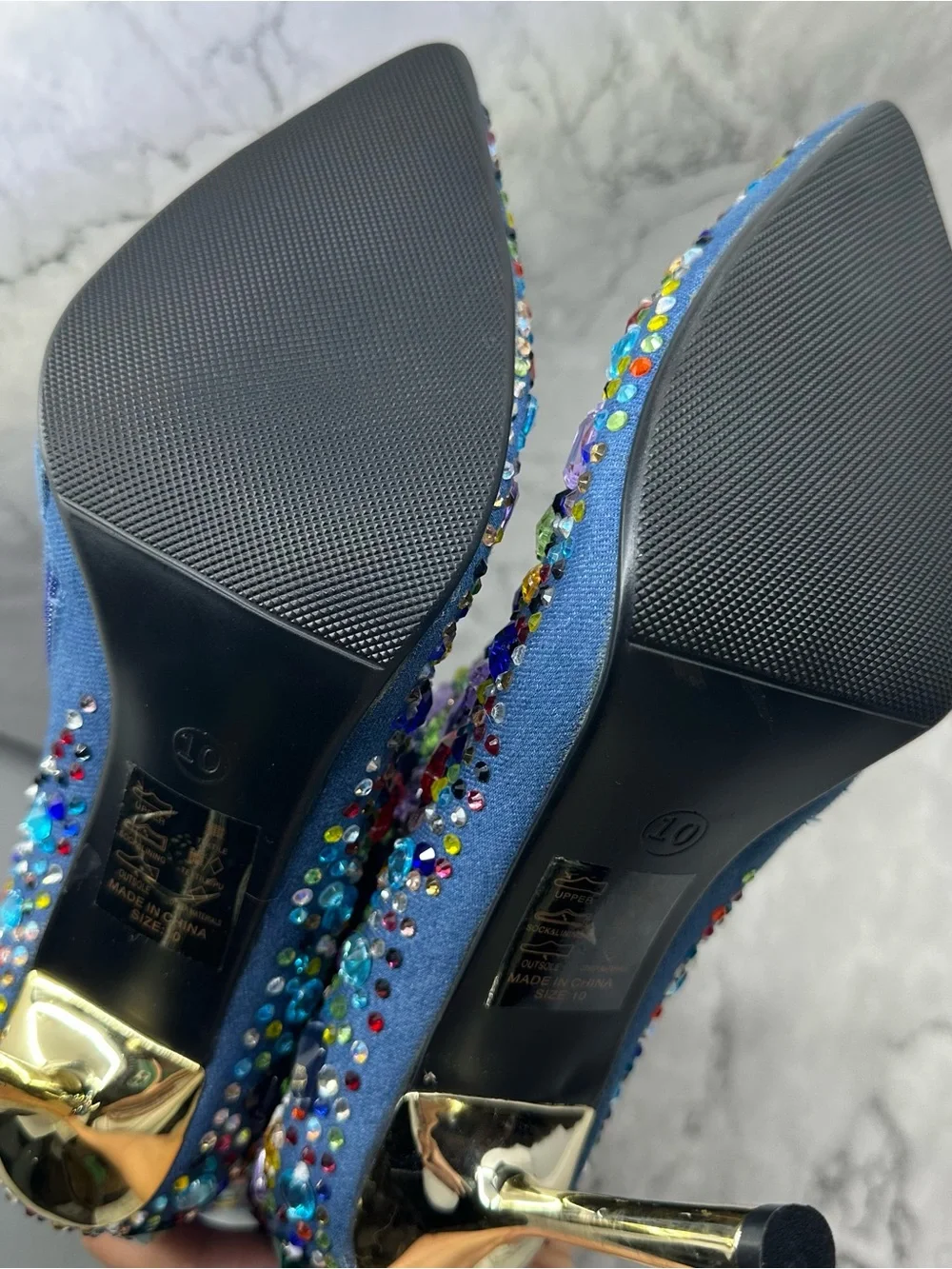 Azalea Wang Multicolor Rhinestone denim knee high boots gold stiletto size 10